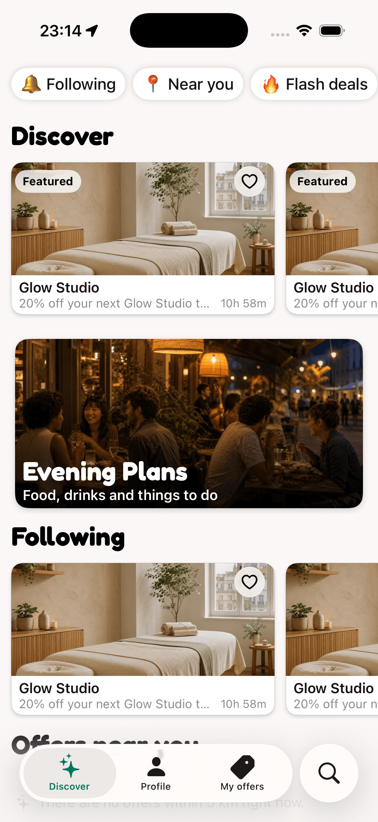 Offera Discovery screen showing nearby local offers
