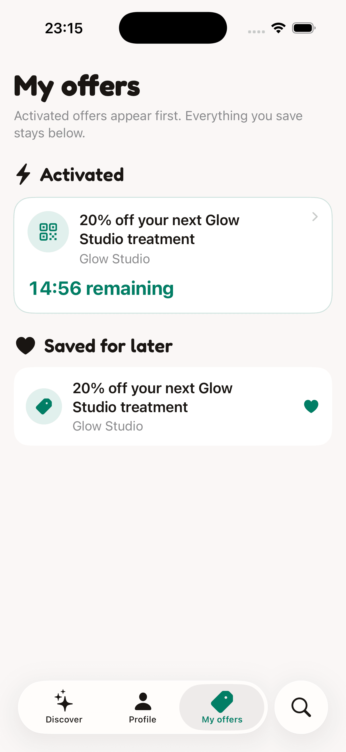 Offera My Offers screen showing saved and activated offers