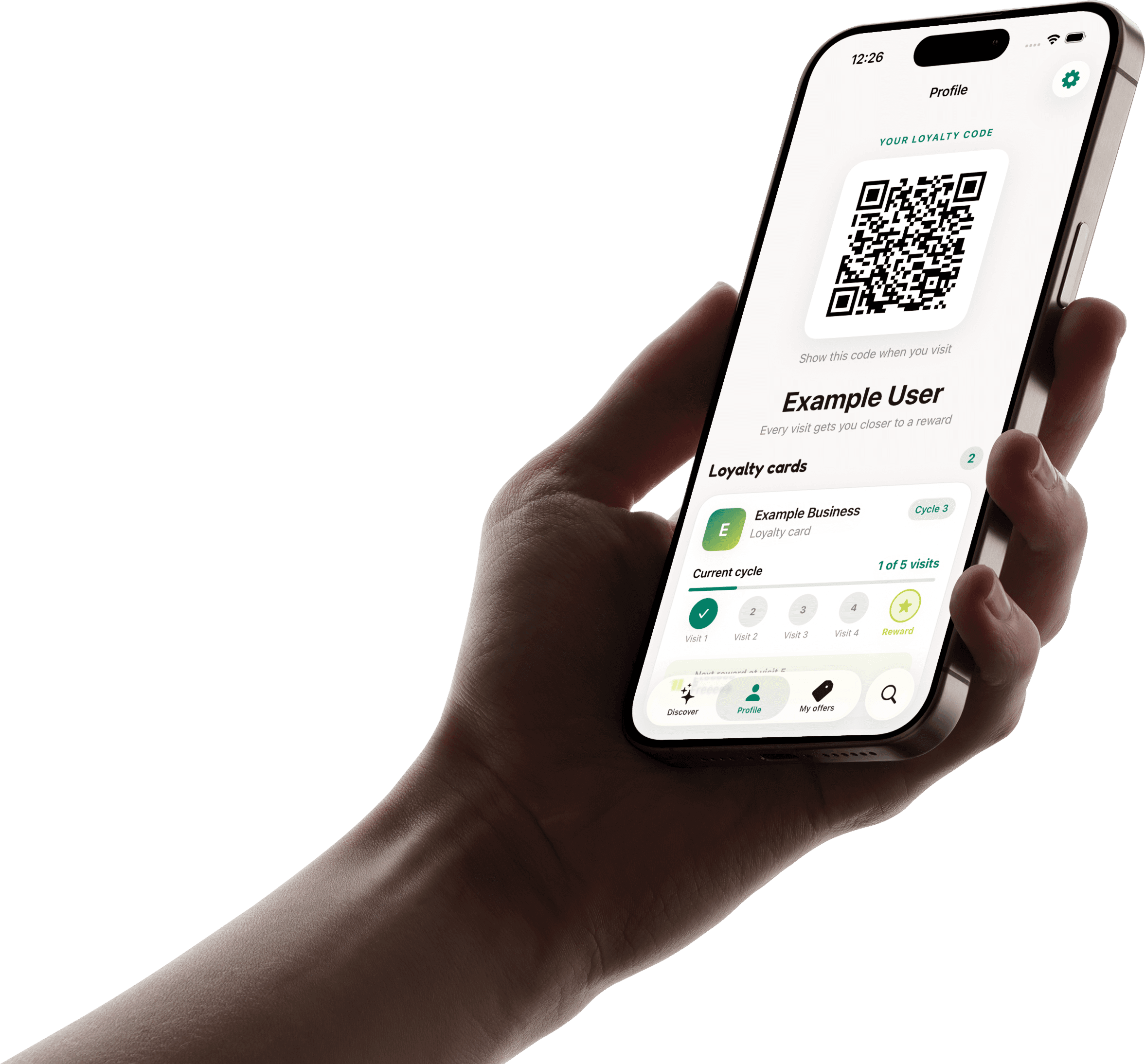 A hand holding an iPhone with the Offera Profile and loyalty QR open