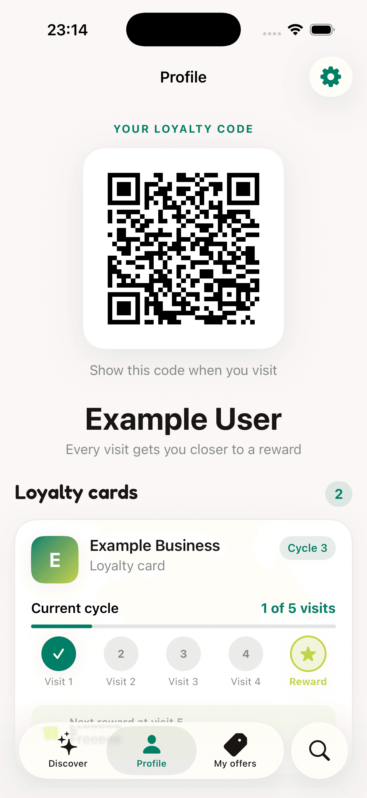 Offera Profile screen showing a loyalty QR code and visit progress