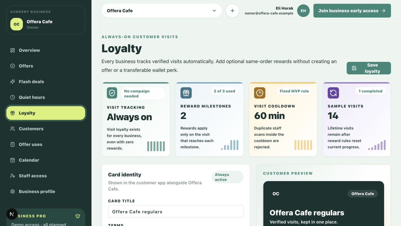 Offera merchant loyalty setup with reward milestones and customer preview