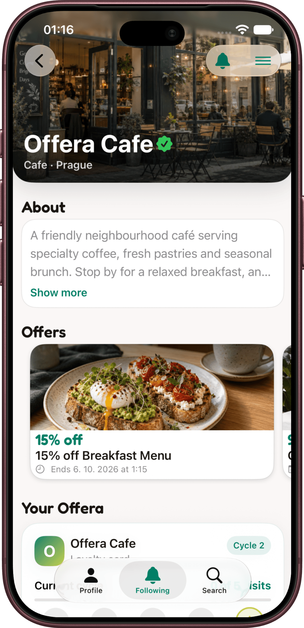 Offera business page showing offers and loyalty progress