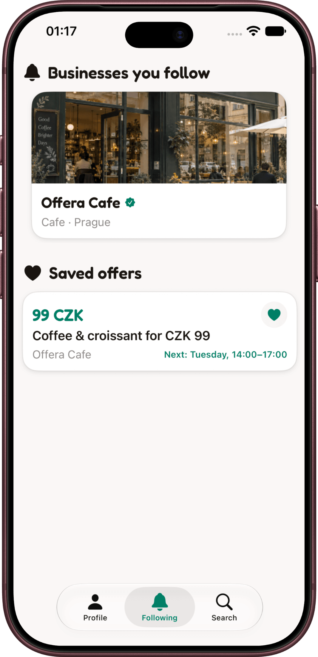 Offera app showing followed businesses and saved offers